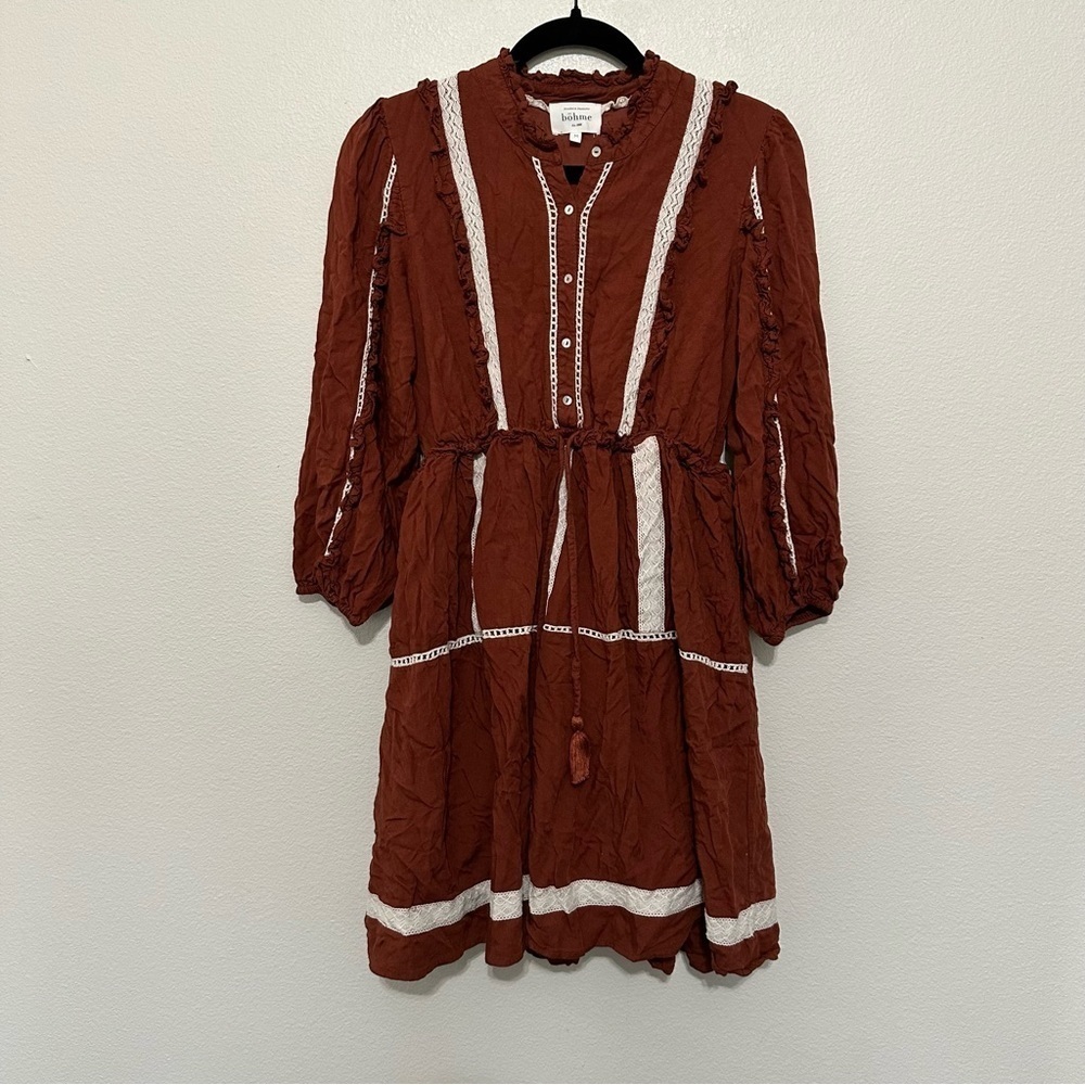 Bohme women’s brick red peasant dress short length cream crochet lace M Medium